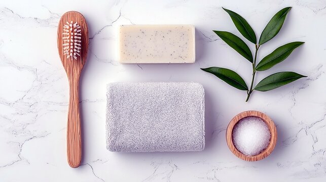 A flat lay of spa and wellness items including a wooden brush, bar of soap, folded towel, bath salts, and green leaves on a marble surface.