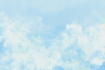Soft Blue Sky Background with Fluffy White Clouds Watercolor Painting. Scenic Cloudscape Bright Sky View Realistic Wallpaper