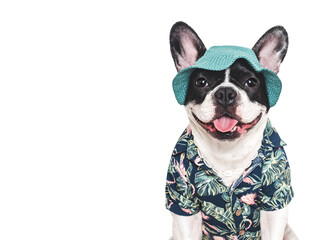 Cute puppy, cap and bright shirt. Dog smile © Svetlana