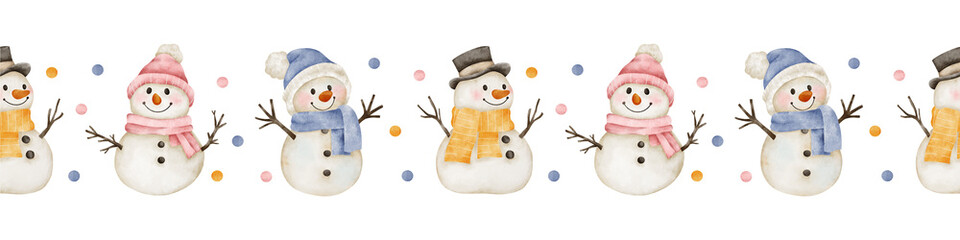 Cute watercolor Christmas repeated border with snowman in blue, pink, yellow scarfs and hats on white background. Perfect for winter tape, cards, wrapping paper and New Year designs.