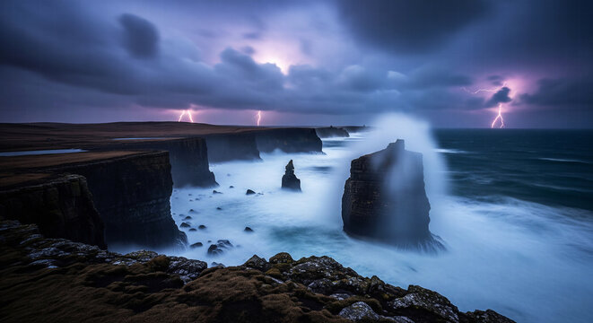 Dramatic thunderstorm with multiple lightning strikes over a rugged seaside cliff during a heavy storm and crashing waves - Powered by Adobe