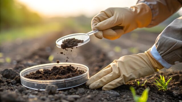 Scientist examines thriving soil samples at golden hour, seeking sustainable agriculture solutions and environmental insights in the field research