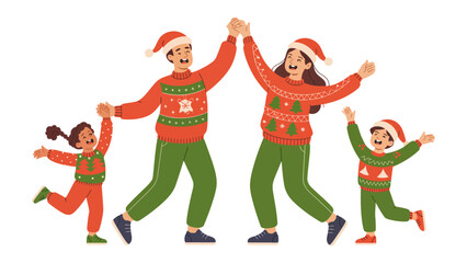 Joyful Christmas Gathering: A family shares in a dance of celebration, hand in hand, wearing festive sweaters and Santa hats. Witness a heartwarming Christmas season celebration.