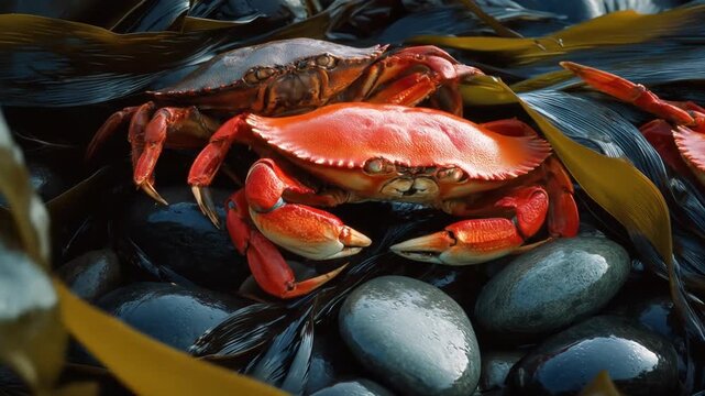 Two crabs sit in a bed of seaweed and stones.  One crab is orange, the other dark brown