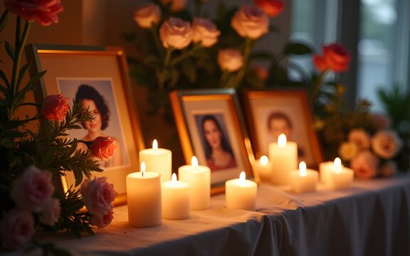 Candle lighting ceremony honoring a loved one in a tranquil setting with flowers and framed memories. High quality