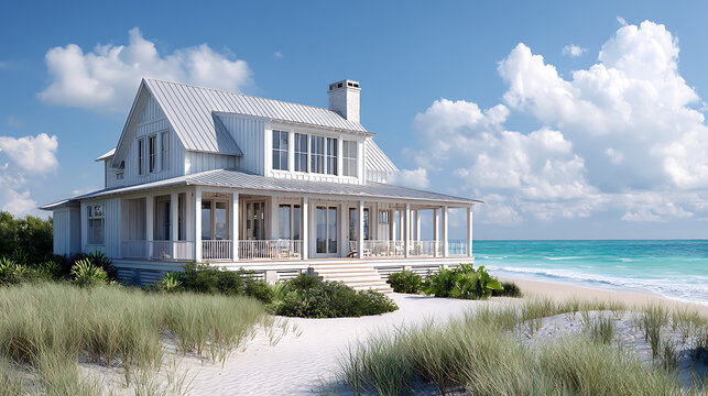 White coastal farmhouse with wraparound porch overlooking turquoise ocean waves and sandy beach white house
