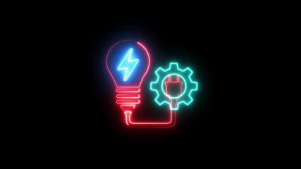 Glowing neon setting and Light bulb with rotating gears outside animated icon on a black background, with 4k video animation.