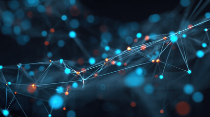 Abstract Digital Network Visualization With Glowing Blue Nodes Connected Lines And Orange Bokeh Technology Infrastructure Concept