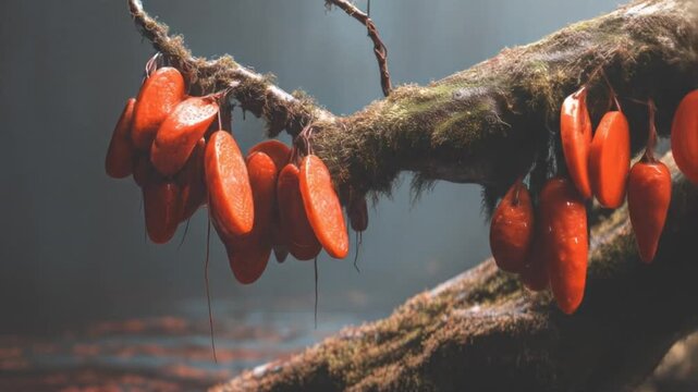 A close-up view of a moss-covered branch bearing vibrant red, elongated fruits against a dark background