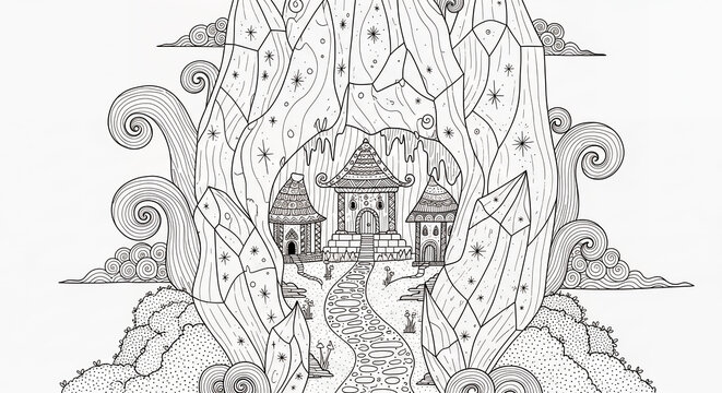 Fantasy intricate temple village, crystals, swirls, coloring book