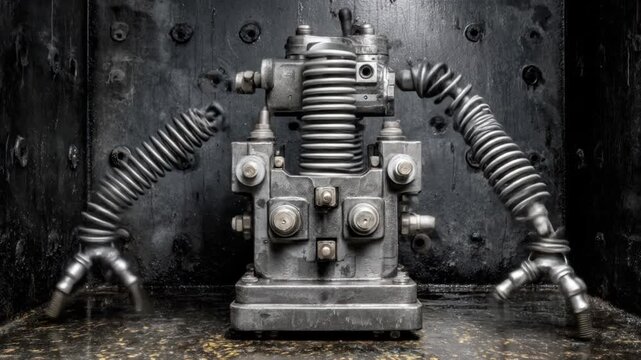 A steampunk-style automaton with metallic body, spring arms, claw hands, and dark, textured background