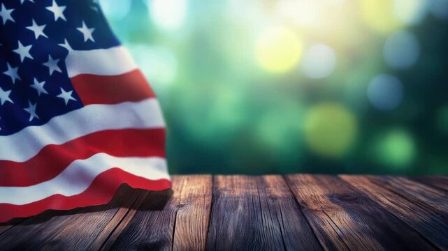 Video A simple setting with an American flag displayed on a wooden table