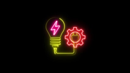 Glowing neon setting and Light bulb with rotating gears outside animated icon , on a black background, with 4k video animation.