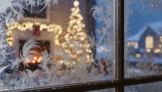Cozy Christmas Eve through a Frosted Window with a Decorated Tree and Snow Falling Outside.