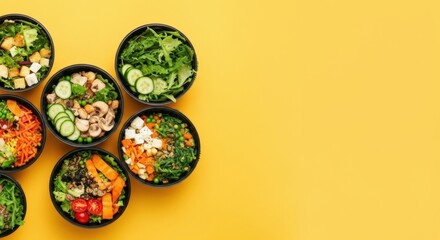 Assortment of fresh healthy vegan and vegetarian food bowls and salads on a vibrant yellow background with copy space