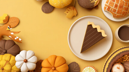 Flat lay of autumn themed clay food items including pie pumpkins and leaves on yellow