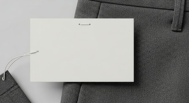 Blank clothing tag label with string on gray trousers, product branding template