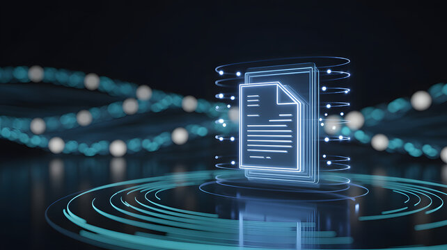 Digital Document: A glowing digital document floats in a futuristic setting, showcasing data and information in a technological context. Evoking ideas of digital technology, virtual workspace.