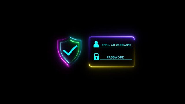 Glowing neon cyber security, Secure Login System concept on a black background. user accessing password on secure login for data privacy, identity protection.with 4k video animation .