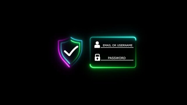 Glowing neon cyber security, Secure Login System concept on a black background. user accessing password on secure login for data privacy, identity protection.with 4k video animation .