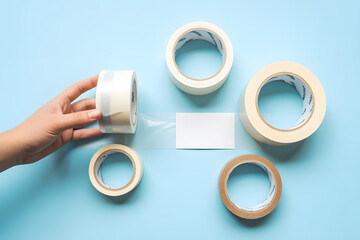 Tape Rolls: A close-up view presents an array of tape rolls. Each roll ready for securing, packaging, and crafting. A single hand reaches to unroll a piece of tape, its adhesive qualities.