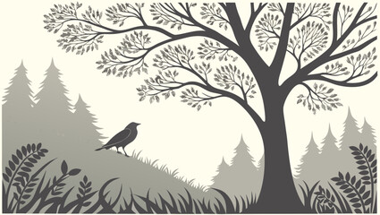 Obraz premium Silhouette of a bird perched on a hill near a tree and a forest landscape