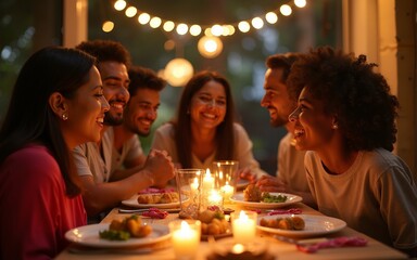 Family Sharing a Festive Dinner During Indian Celebration with String Lights and Laughter. High quality