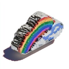 3D Pixel Rainbow Arching Over Cloud with Earth Symbol in Digital Style