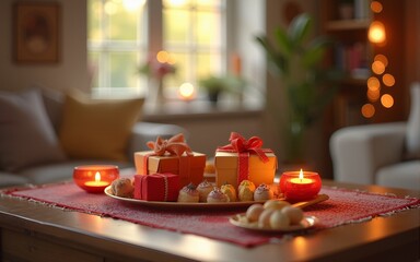 Festive scene with rakhi gifts and sweets arranged on a table in a cozy living room, celebrating family bond. High quality
