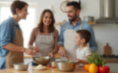 Blurred motion image of a lively family in a bright kitchen preparing food together, emphasizing warmth and togetherness. High quality