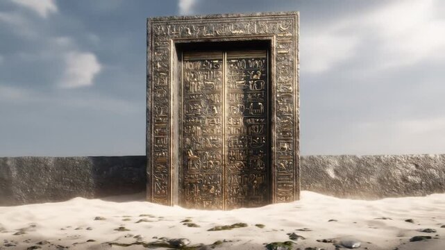 An imposing ancient door, etched with hieroglyphs, stands in the desert landscape, clouds above
