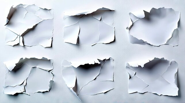 Six abstract squares of torn white paper are arranged in a grid on a plain white surface.