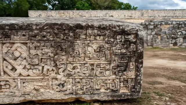 Close-up of intricately carved stone structure with ancient, geometric designs and building in background