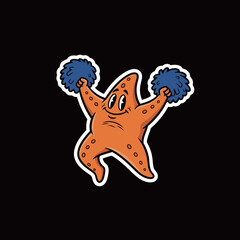 Cheerful Starfish Cheerleader Mascot Cartoon Sticker: Cute Sea Animal Character Holding Pom-Poms for Team Spirit and Marine Life Concepts