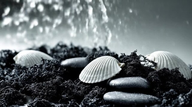 Monochrome shot of seashells on a textured surface with smooth stones and shimmering light