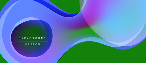 Abstract fluid shapes overlap, creating vibrant color gradients. Green background complements blue, purple hues. Design features text box.