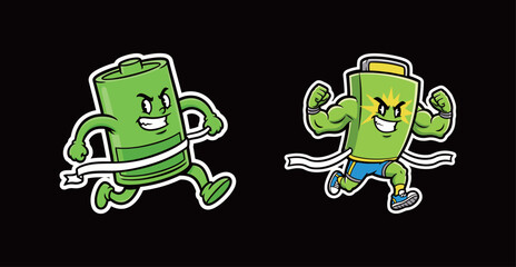 Running Battery Mascot Cartoon Sticker Breaking Finish Line: Pair of Energetic Characters Symbolizing Full Power, Speed, and Endurance