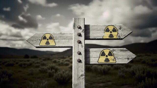 Wooden signpost with radioactive symbols against a dark, cloudy sky in a field. Warning of nuclear hazard and environmental risk.