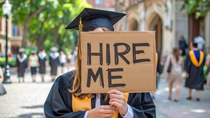 Ambitious recent graduate holding a 'HIRE ME' sign, actively seeking employment and career opportunities after successfully completing their university studies