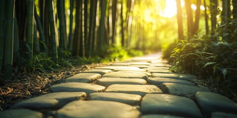 Stone path leading through tranquil bamboo forest in japan at sunset