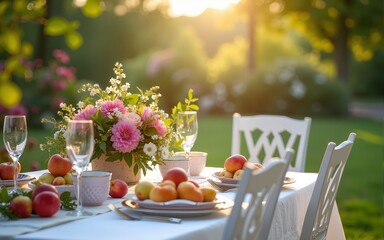 Charming countryside tablescapes adorned with fresh orchard fruits, fine china, and lush florals, arranged for al fresco dining amidst blossoming gardens in beautiful afternoon light. High quality