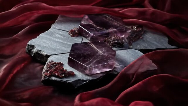 Two cut amethyst crystals rest on slate, accented by smaller garnets and draped ruby fabric
