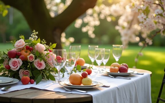 Charming countryside tablescapes adorned with fresh orchard fruits, fine china, and lush florals, arranged for al fresco dining amidst blossoming gardens in beautiful afternoon light. High quality