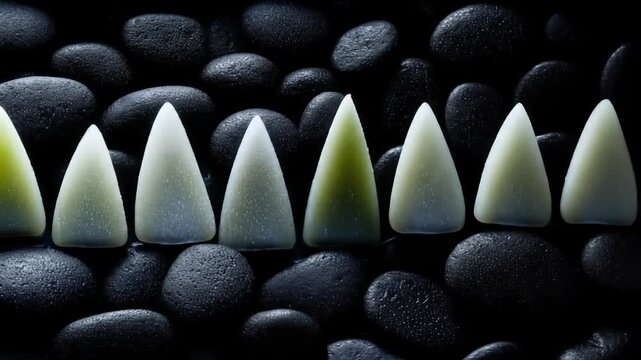 A row of illuminated, pearly white teeth on a bed of dark, smooth, rounded pebbles