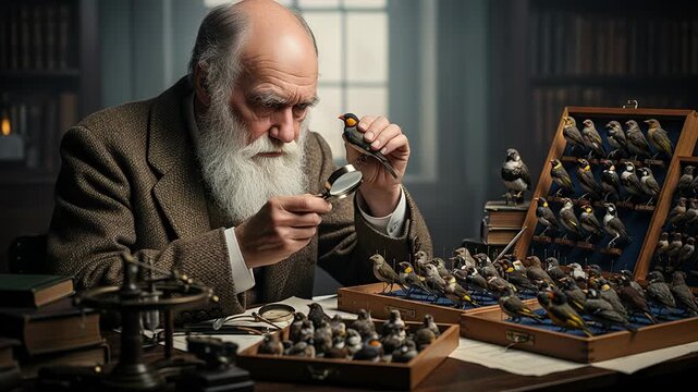 Charles Darwin examines a finch specimen highlighting evolutionary traits in a study room filled with bird collections
