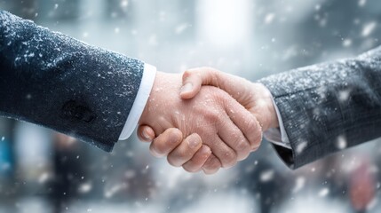 Close-up of two businessmen shaking hands in winter, corporate partnership agreement, snowy city background, successful deal concept, professional meeting