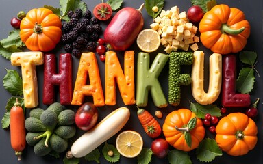 A vibrant arrangement of various foods creatively spells "THANKFUL," highlighting a festive atmosphere centered around gratitude and togetherness. High quality