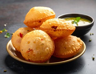 Delicious Indian Puri Dish Served with Sauce on a Dark Background for Culinary Photography