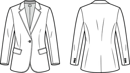 Cad drawing flat vector illustration, tailored blazer sketch, front and back view, notched lapel, flap pockets, princess seams, fashion template