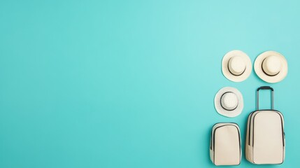 Set of travel suitcases and straw hats for a family vacation trip. Preparing for a summer holiday awaiting departure